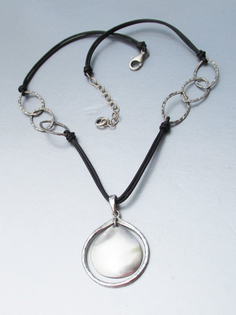 Signed SILPADA Hammered Sterling Silver Teardrop Pendant Cord Necklace N1440